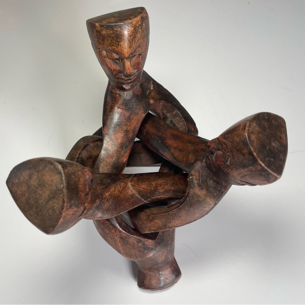 Interlocking African Trible Carved 3 Men Wooden Tribal Sculpture Unity Art Decor - Picture 2 of 4